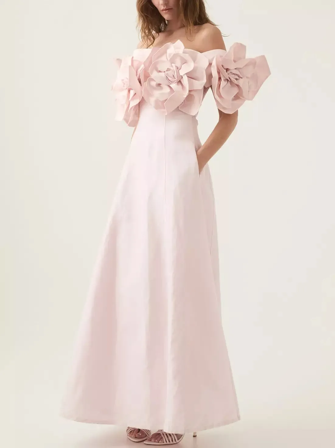 3D Floral-Appliques Off-Shoulder Gown in Light Pink