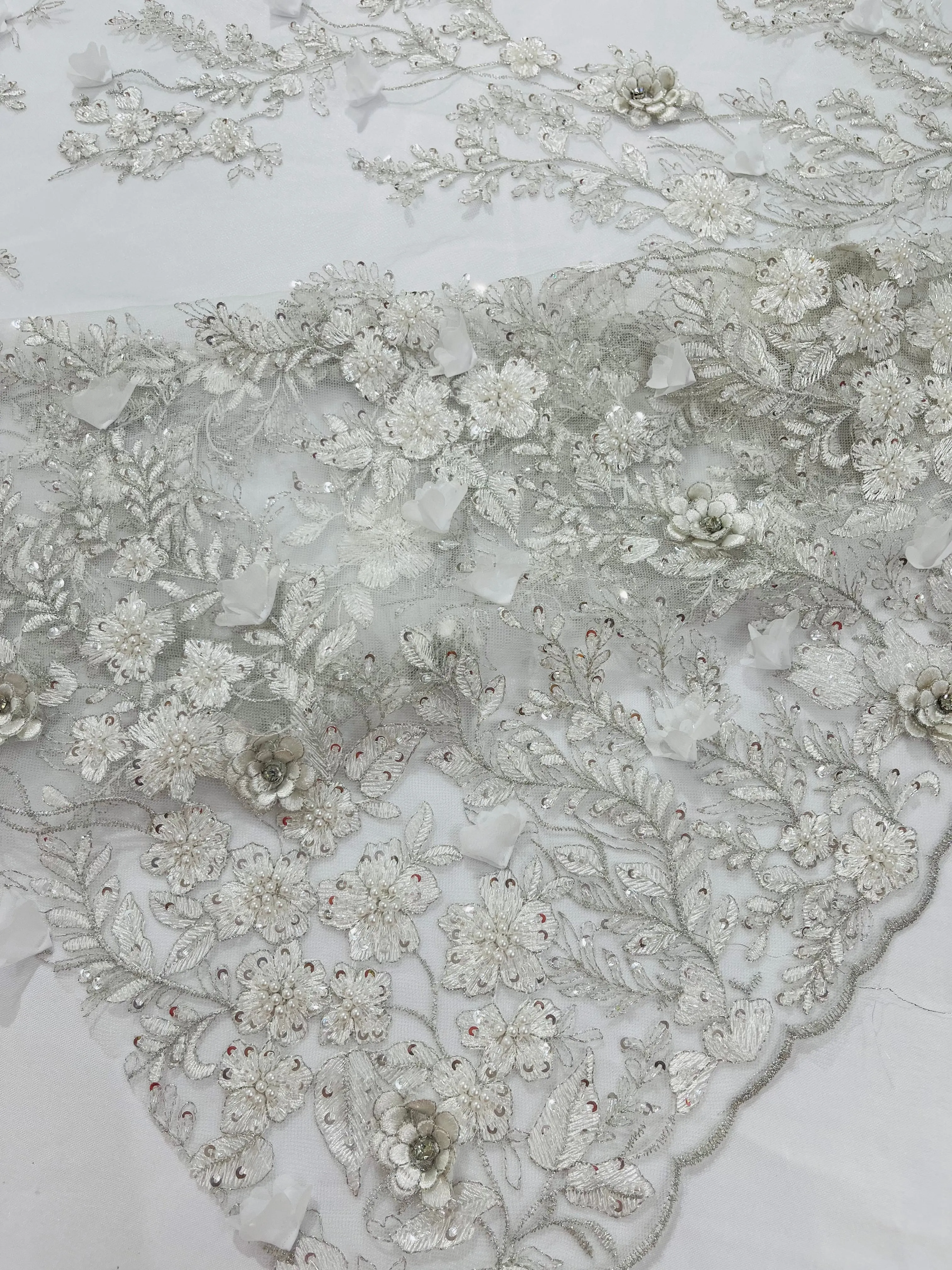 3D floral design embroider and beaded with rhinestones on a mesh lace prom/wedding/sold by yard.