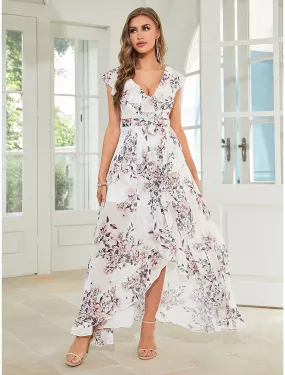 A-Line Wedding Guest Dresses Floral Dress Party Wear Asymmetrical Sleeveless V Neck Chiffon with Ruffles Strappy