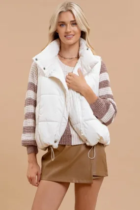 Asymmetrical Zip Up High Neck Puffer Vest CREAM