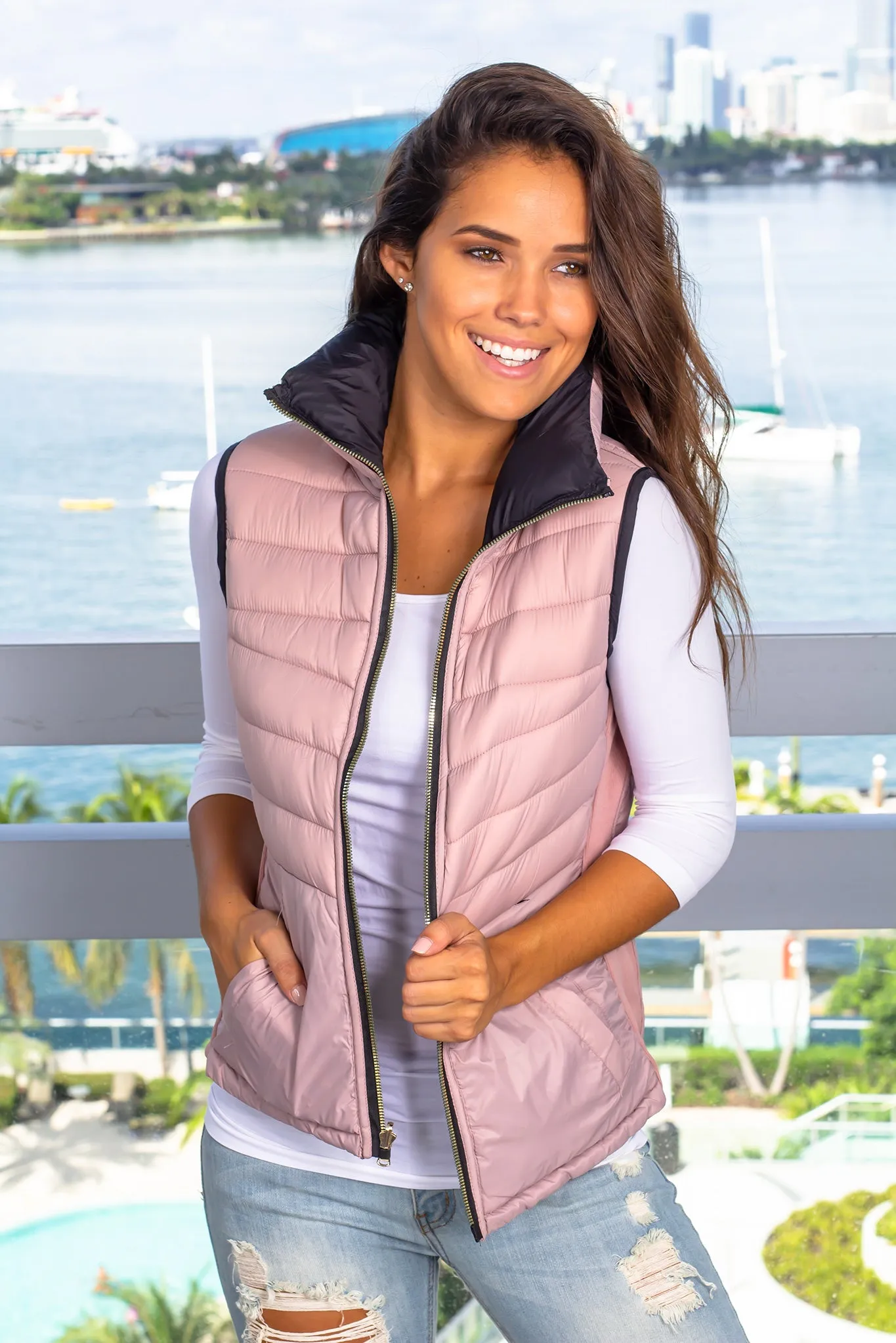 Black and Mauve Reversible Puffer Vest