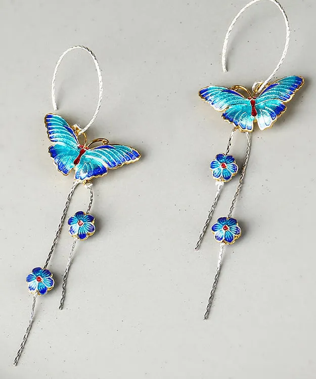 Chic Blue Sterling Silver Cloisonne Butterfly Floral Drop Earrings LY2267