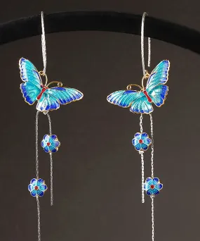 Chic Blue Sterling Silver Cloisonne Butterfly Floral Drop Earrings LY2267