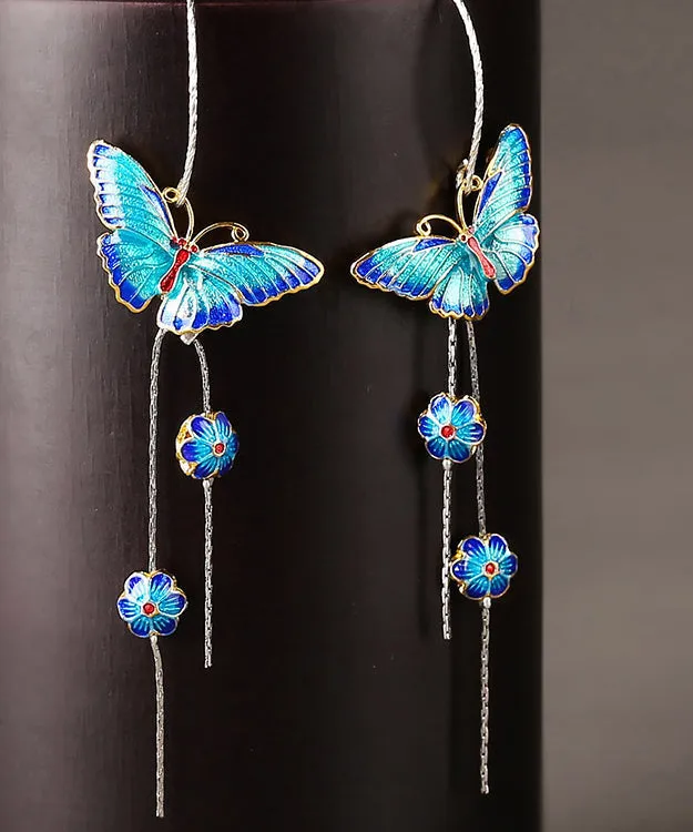 Chic Blue Sterling Silver Cloisonne Butterfly Floral Drop Earrings LY2267