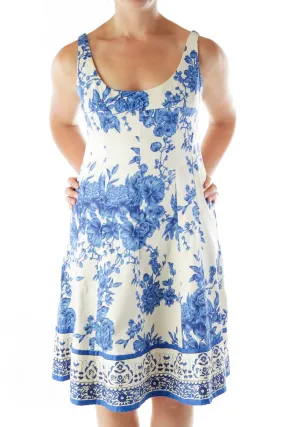 Cream Blue Floral Flared Dress