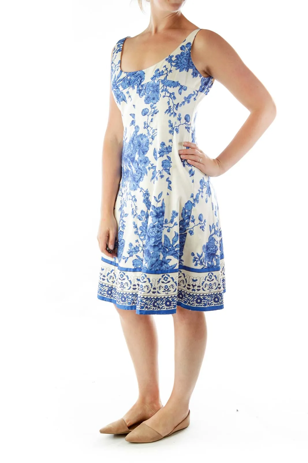 Cream Blue Floral Flared Dress