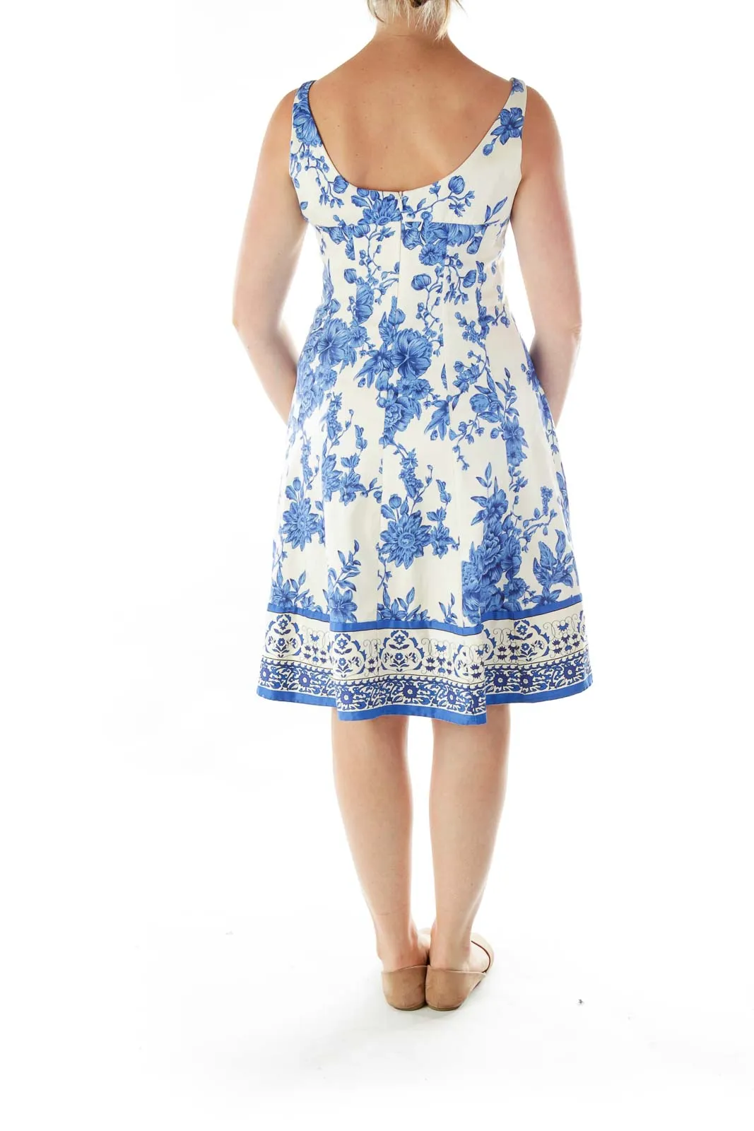 Cream Blue Floral Flared Dress