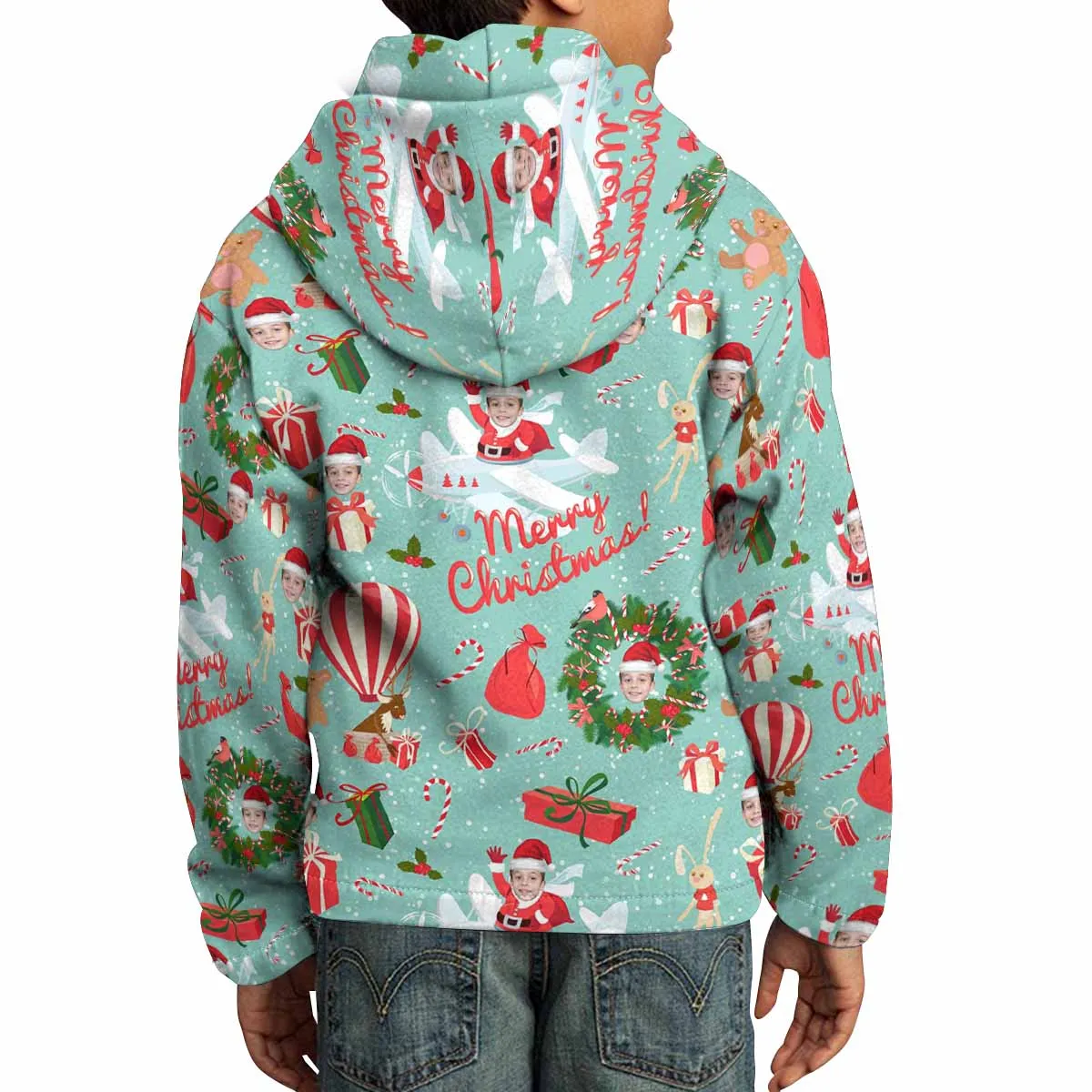 Custom Face Airplane Christmas Pattern Hoodie for 5~15Y Youth Personalized Hooded Pullover Loose Hoodie