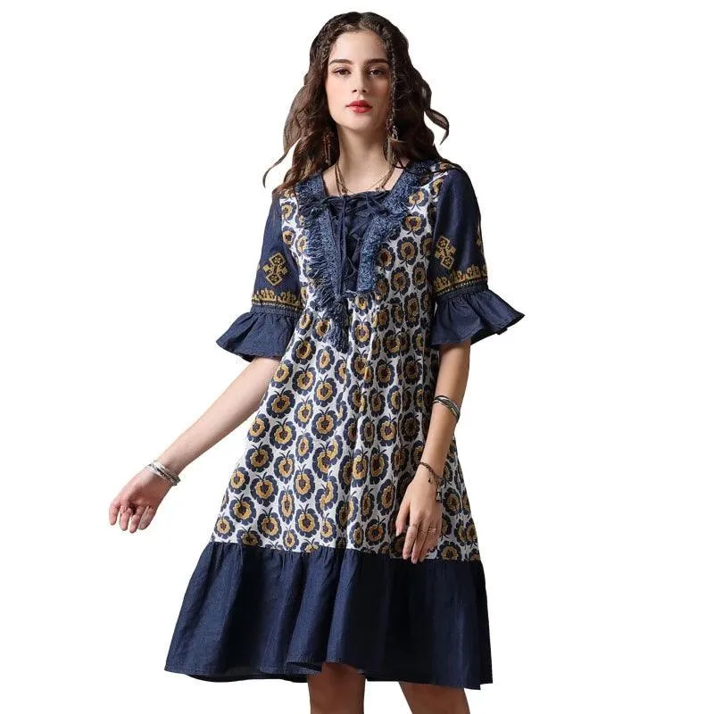 Denim Floral Print Women Dress