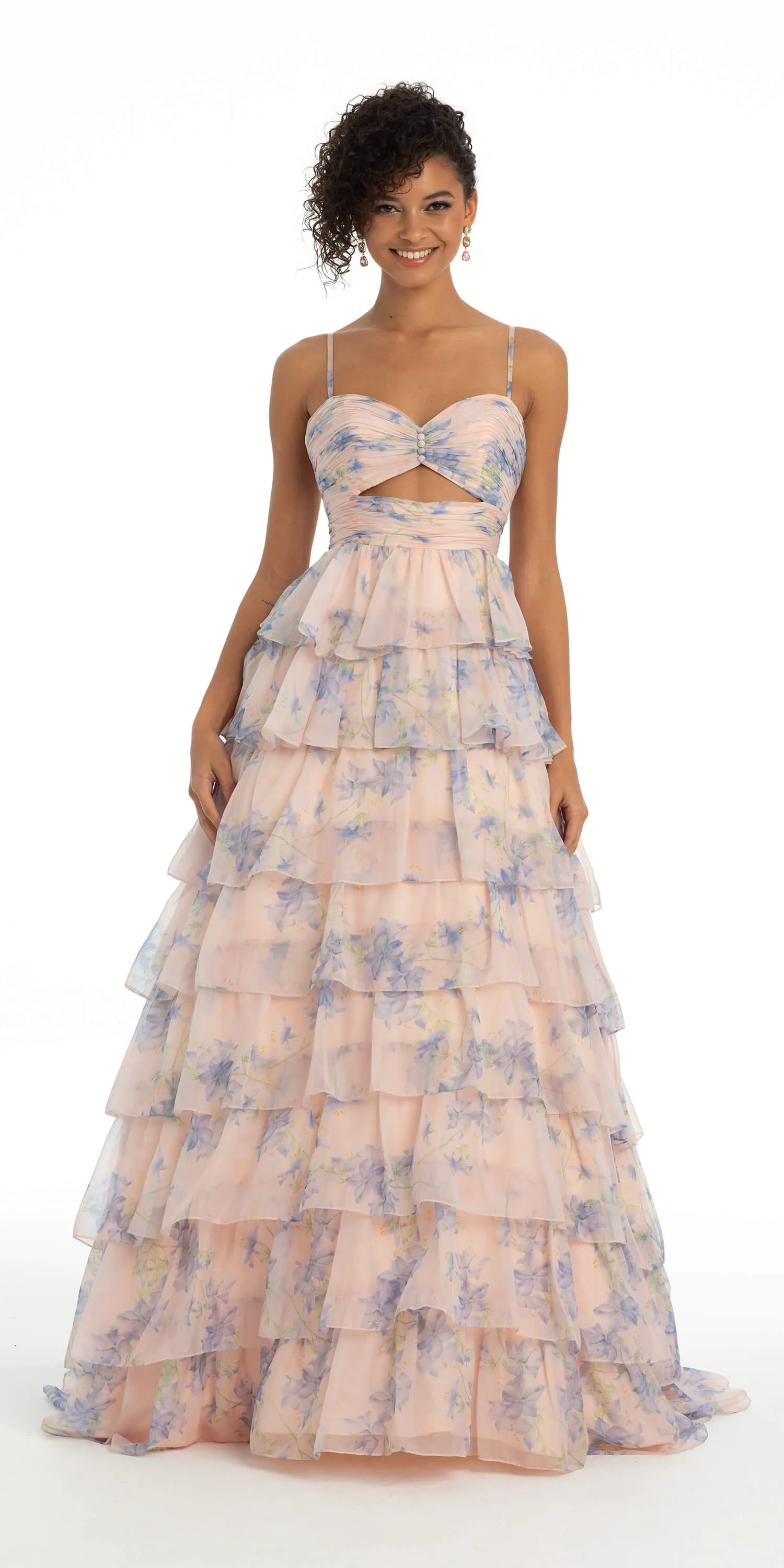 Floral Print Tiered Chiffon Keyhole Ballgown