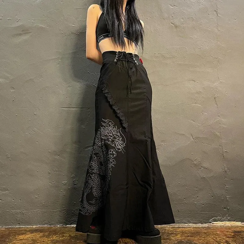 Gothic Dragon Printed Maxi Skirt