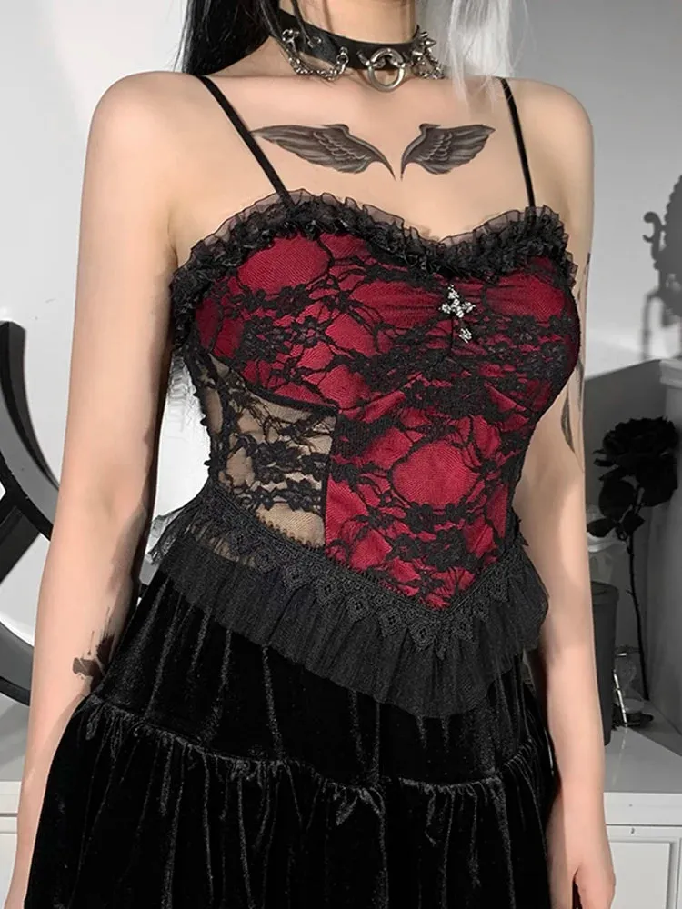 Gothic Lace Patchwork Zipper Backless See Through Vintage Y2K Aesthetic Crop Top