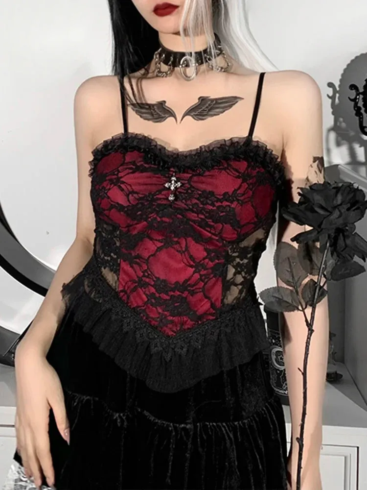 Gothic Lace Patchwork Zipper Backless See Through Vintage Y2K Aesthetic Crop Top