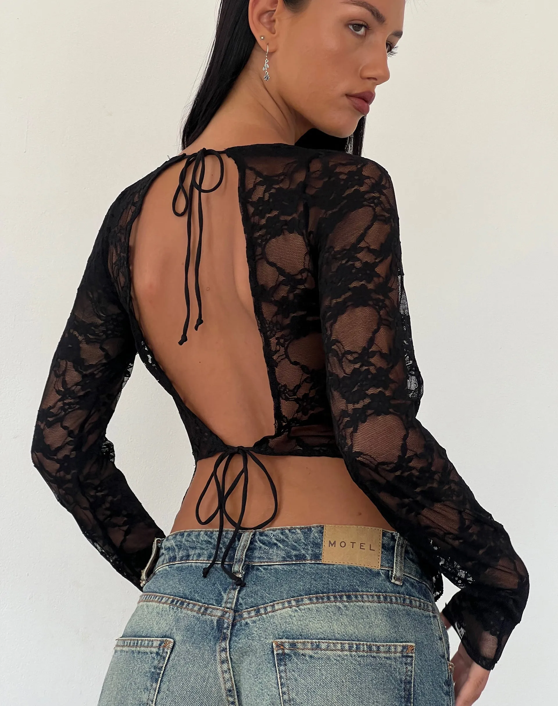 Grizelda Backless Long Sleeve Top in Black Abstract Lace