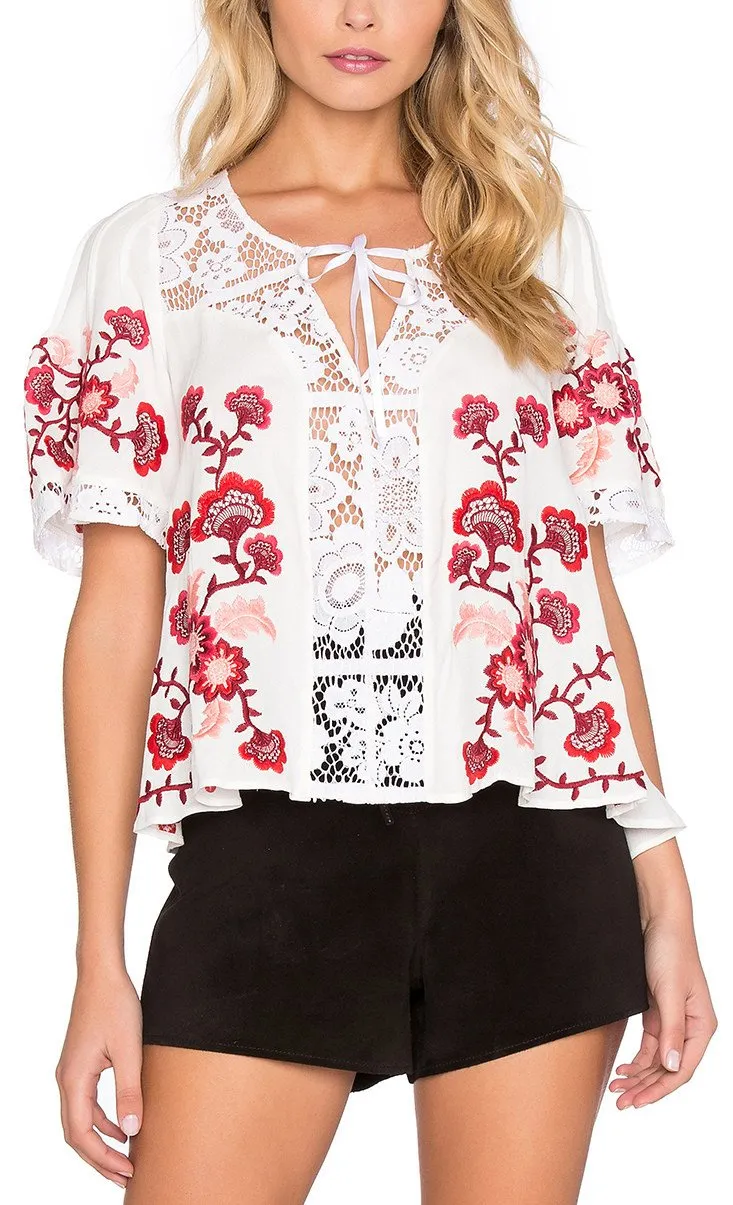 'Isabella' Floral Embroidered Lace Panel Top