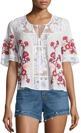 'Isabella' Floral Embroidered Lace Panel Top