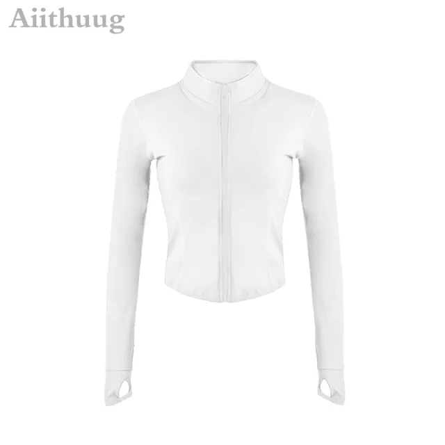 Jacket or Vest for Yoga, Running, or Workout, Full Zip-up, with Sleeve Thumb Holes, Stretchy and Fitted Crop Top