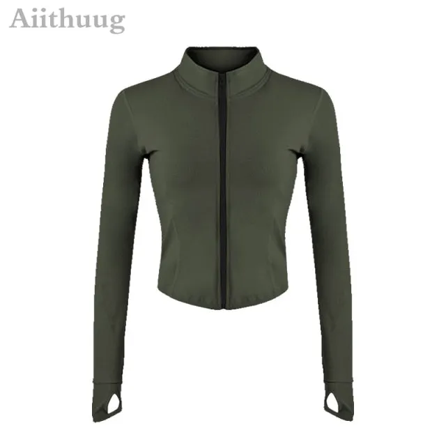 Jacket or Vest for Yoga, Running, or Workout, Full Zip-up, with Sleeve Thumb Holes, Stretchy and Fitted Crop Top