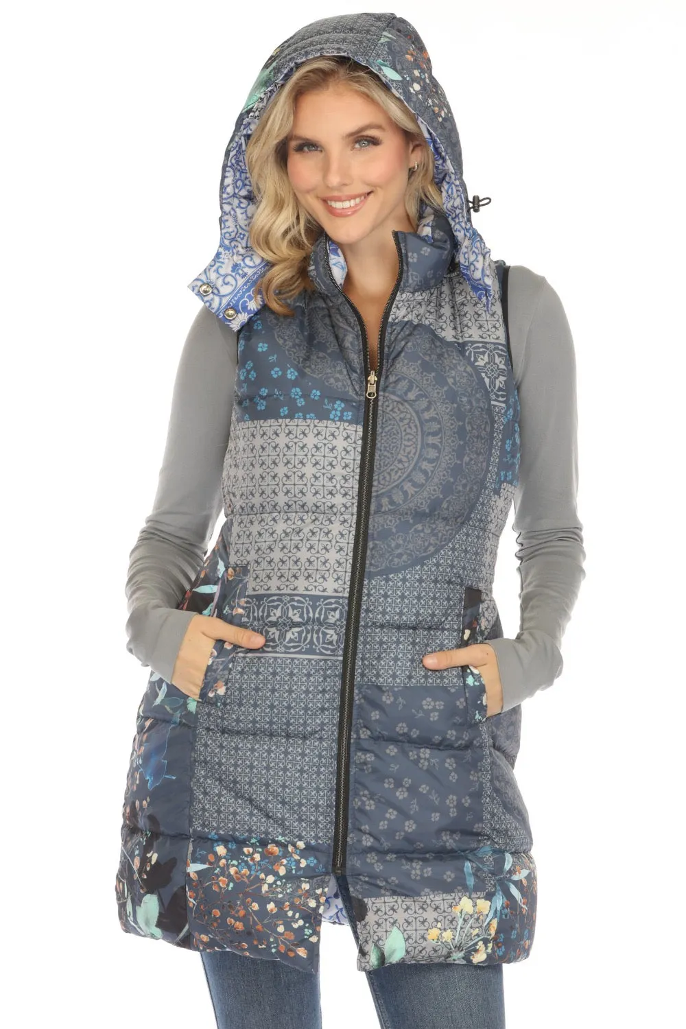 Johnny Was Blue Reversible Hooded Long Puffer Vest LL3243