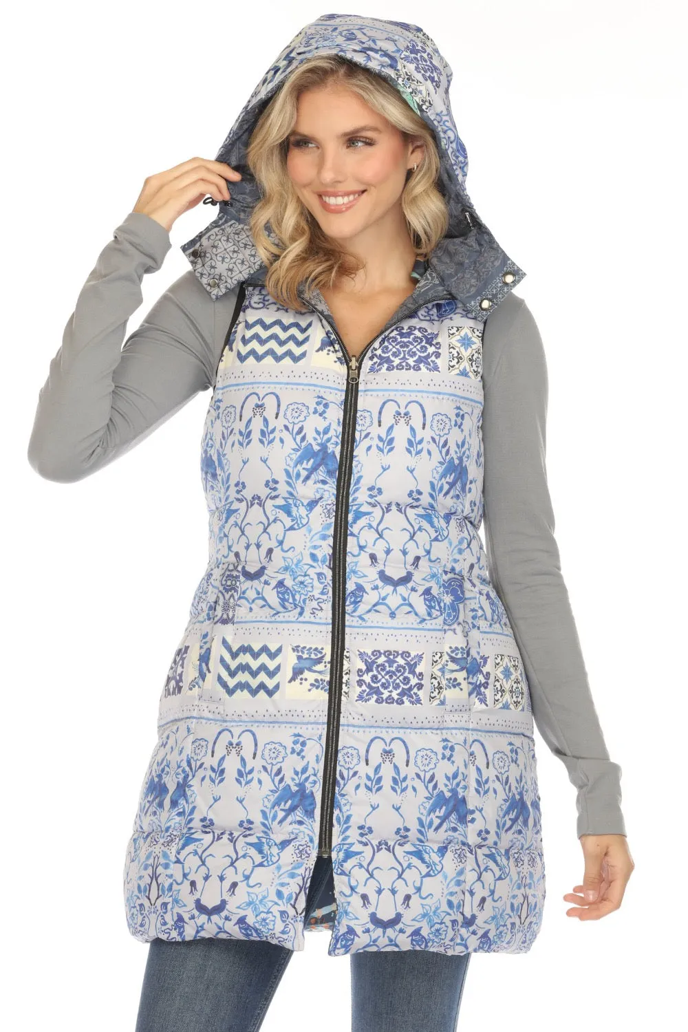 Johnny Was Blue Reversible Hooded Long Puffer Vest LL3243