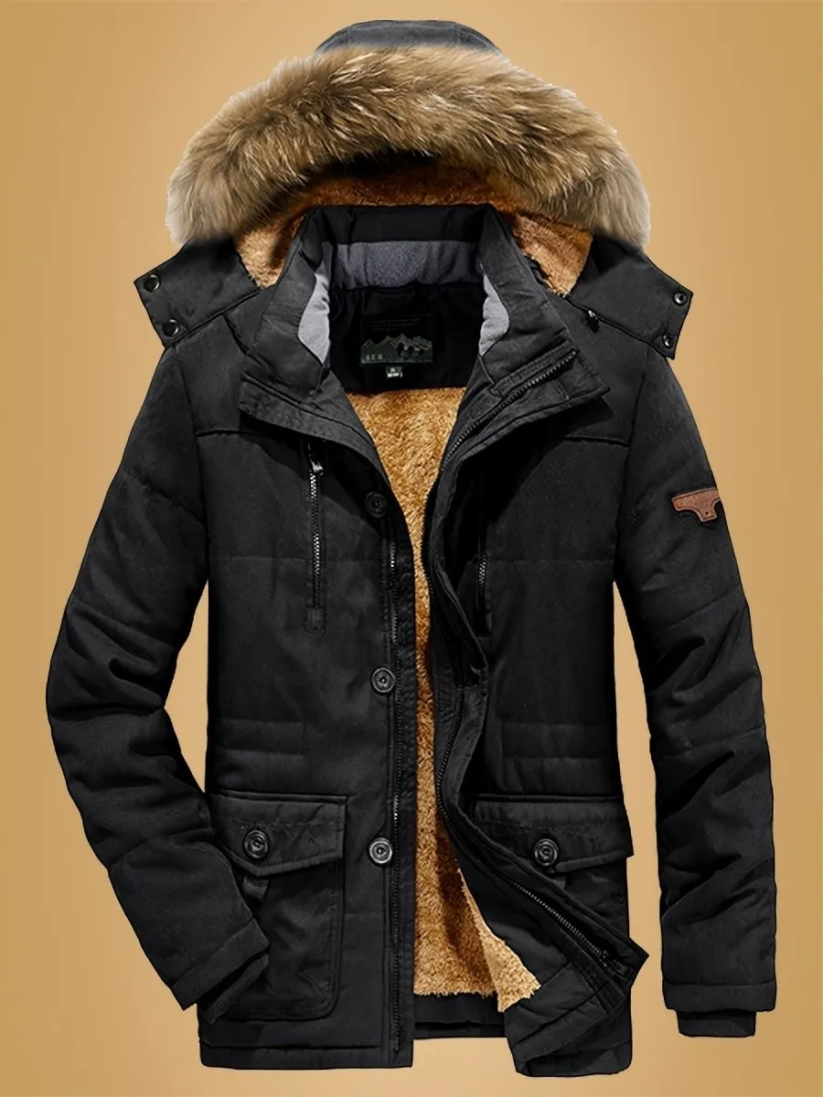 Men's Casual Hooded Jacket Thick Fleece-Lined Winter Coat with Pockets