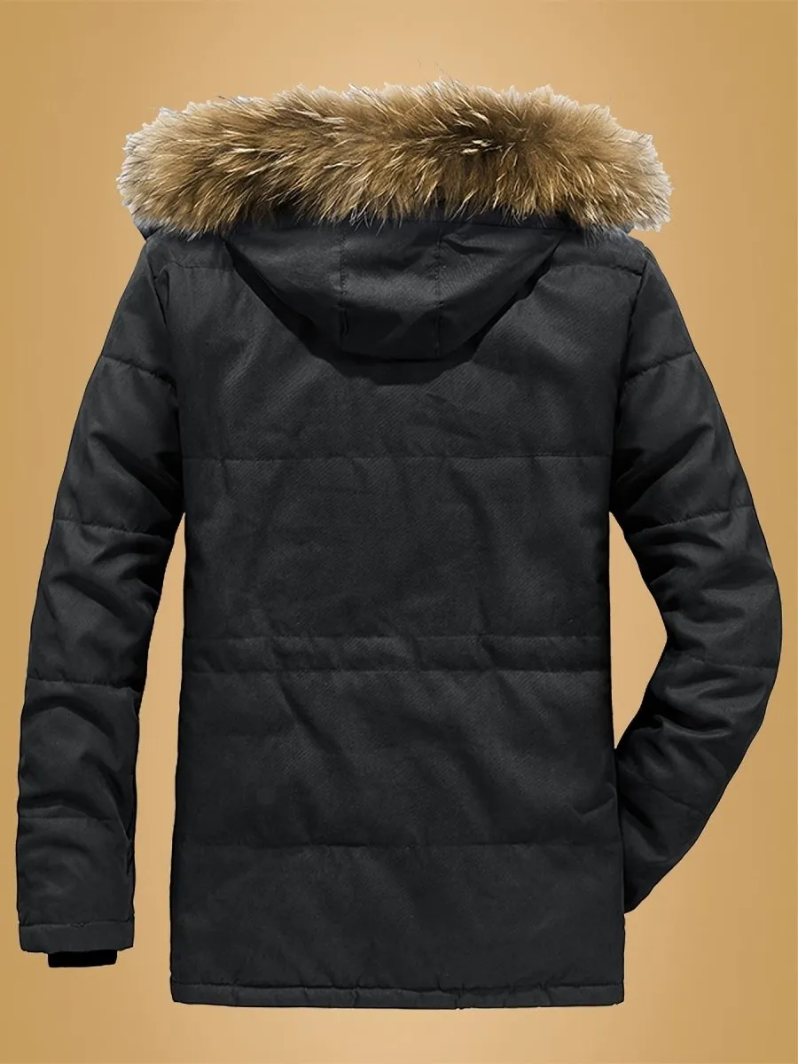 Men's Casual Hooded Jacket Thick Fleece-Lined Winter Coat with Pockets