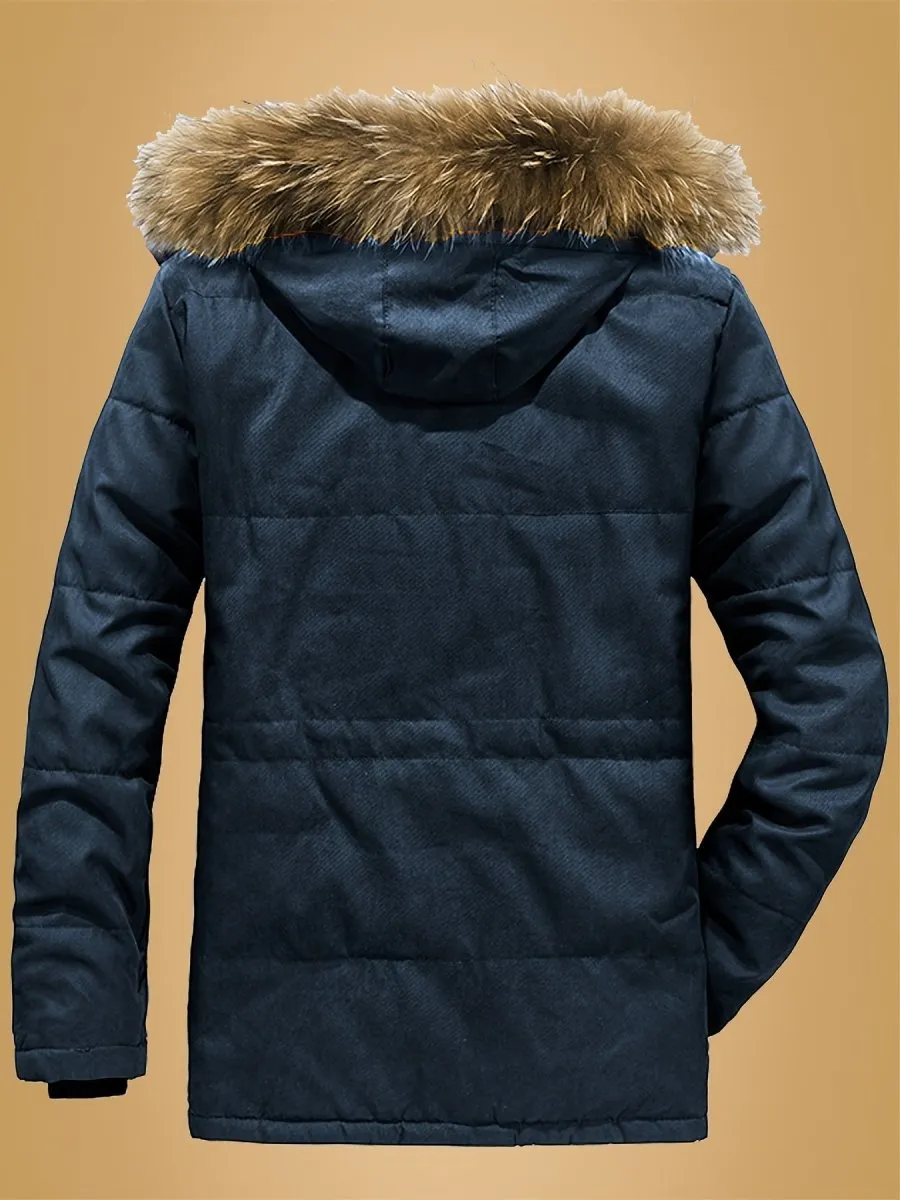 Men's Casual Hooded Jacket Thick Fleece-Lined Winter Coat with Pockets