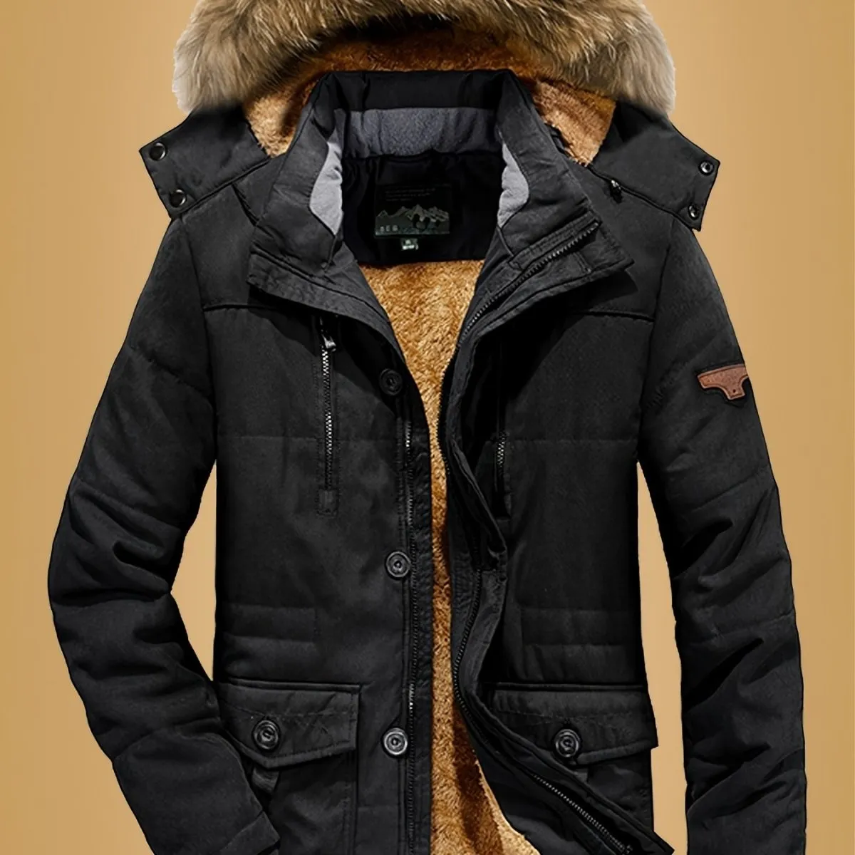 Men's Casual Hooded Jacket Thick Fleece-Lined Winter Coat with Pockets