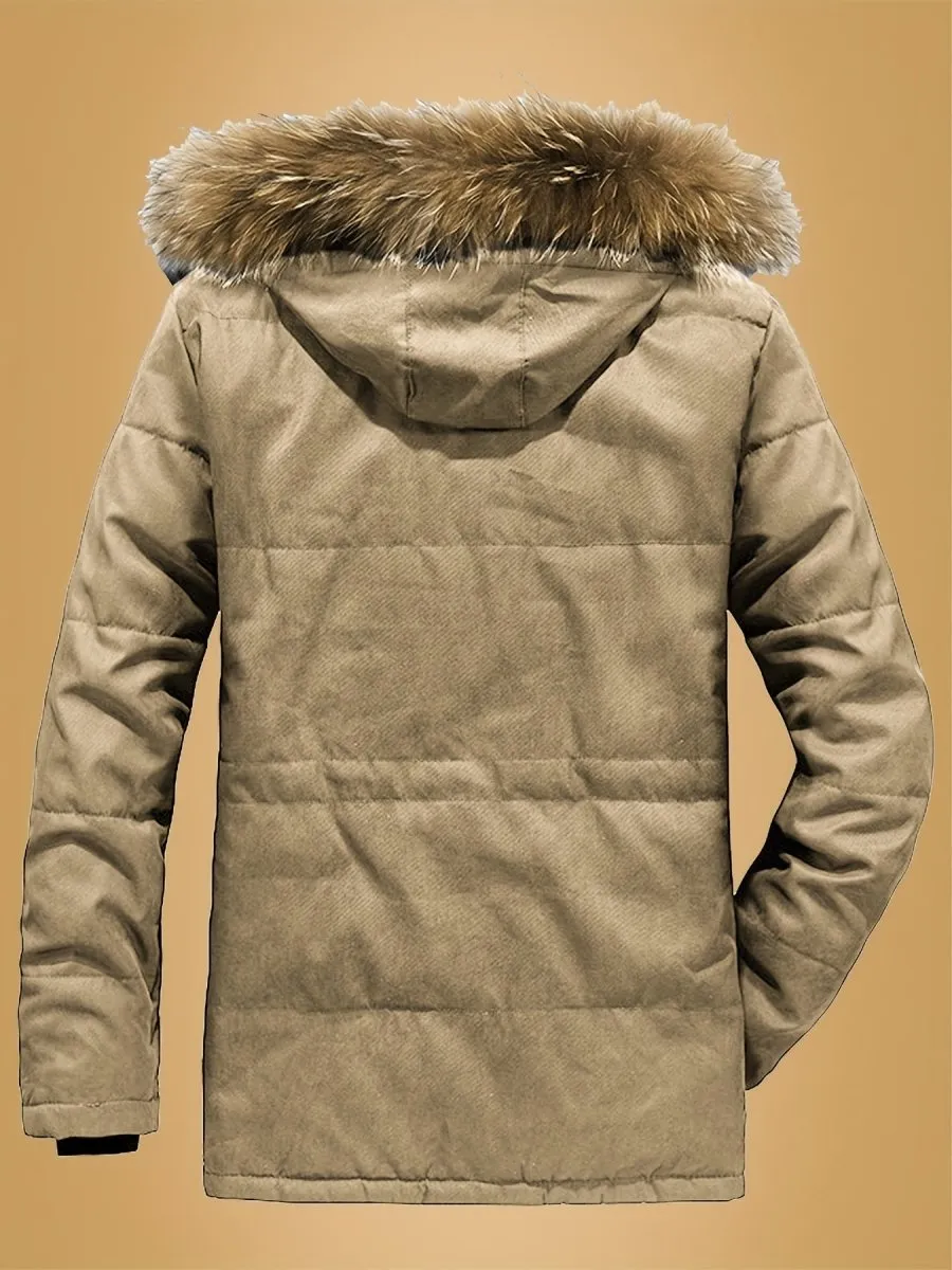 Men's Casual Hooded Jacket Thick Fleece-Lined Winter Coat with Pockets