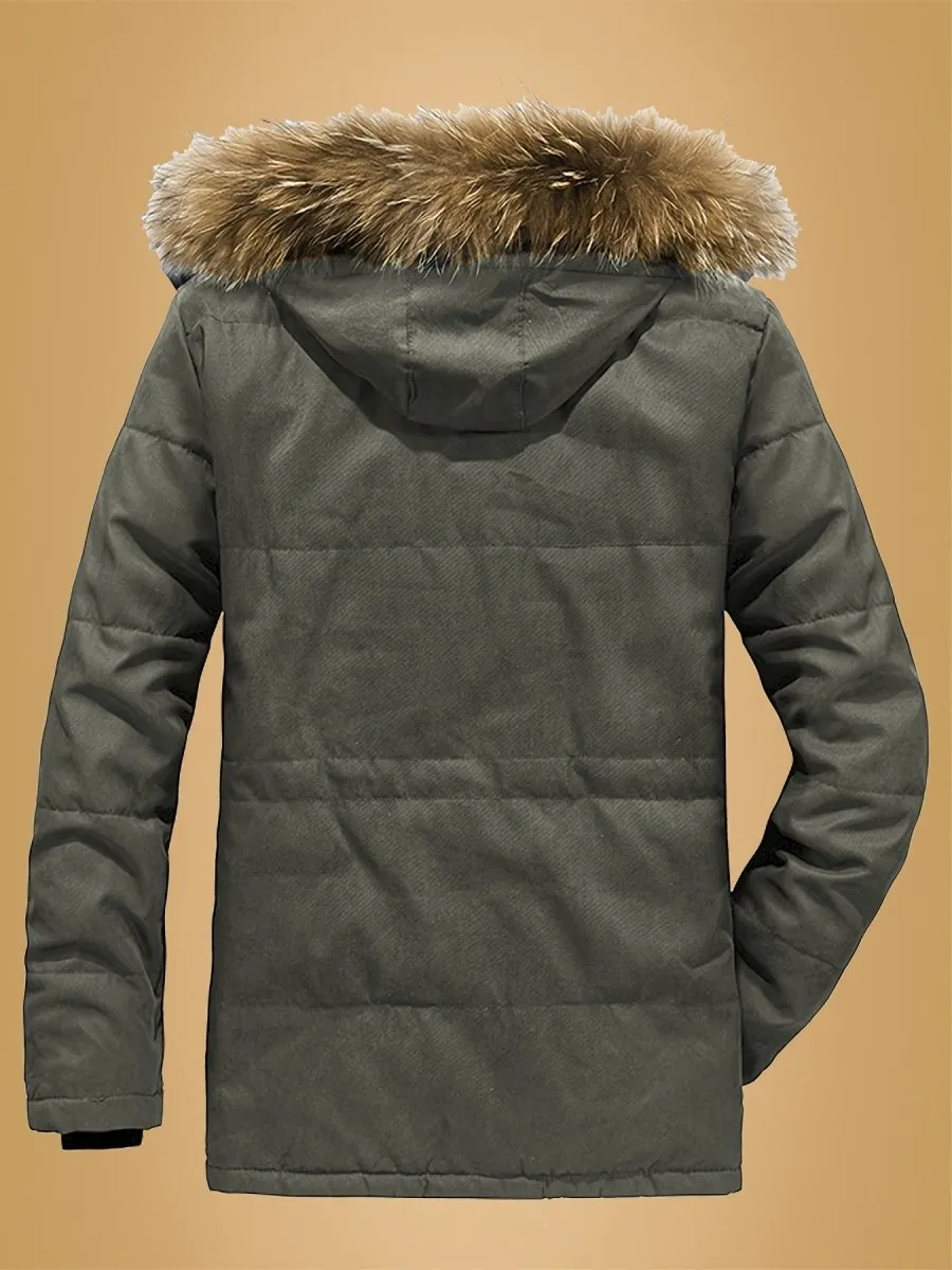 Men's Casual Hooded Jacket Thick Fleece-Lined Winter Coat with Pockets