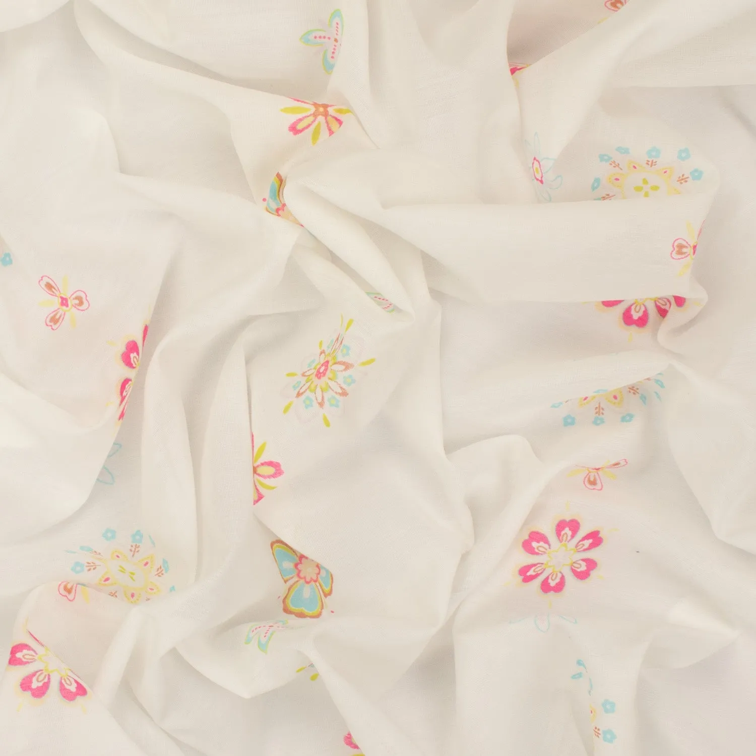 Printed Chiffon Design-15 Pink & Blue Floral Stripes on White