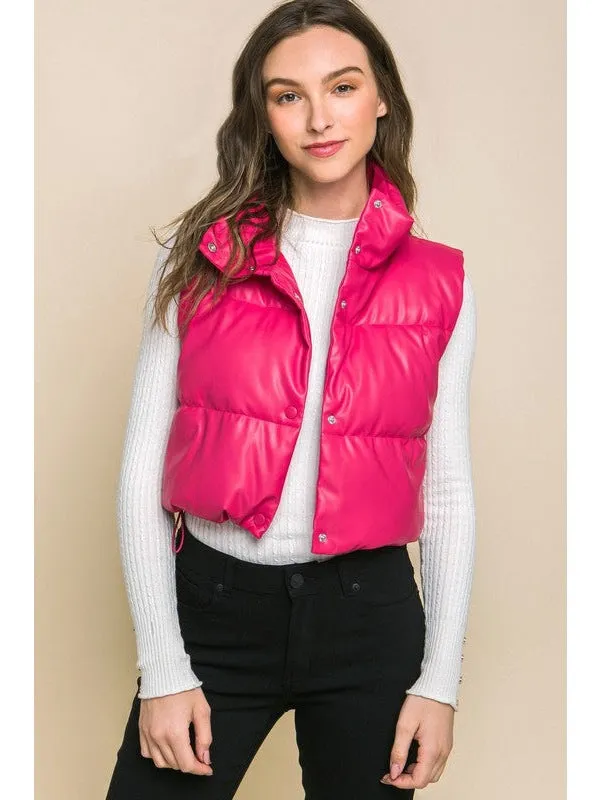 PU Faux Leather puffer West With Snap Button