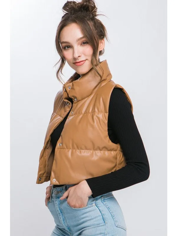 PU Faux Leather puffer West With Snap Button