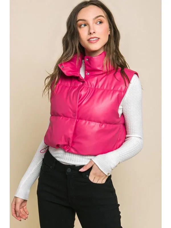 PU Faux Leather puffer West With Snap Button