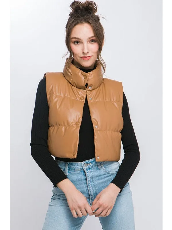 PU Faux Leather puffer West With Snap Button