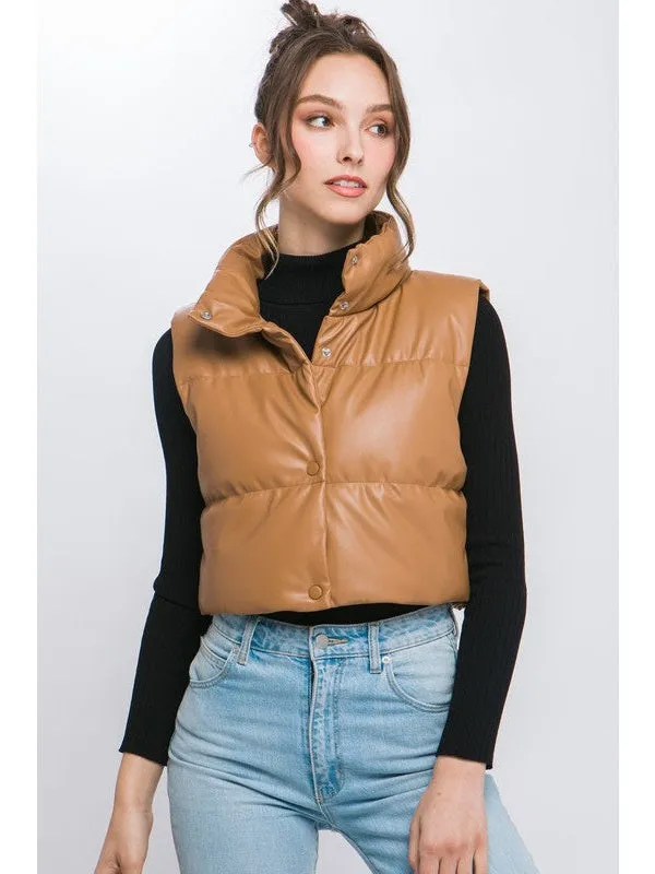 PU Faux Leather puffer West With Snap Button