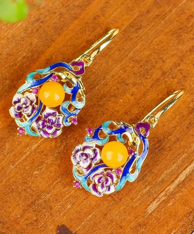 Sterling Silver Inlaid Beeswax Floral Drop Earrings