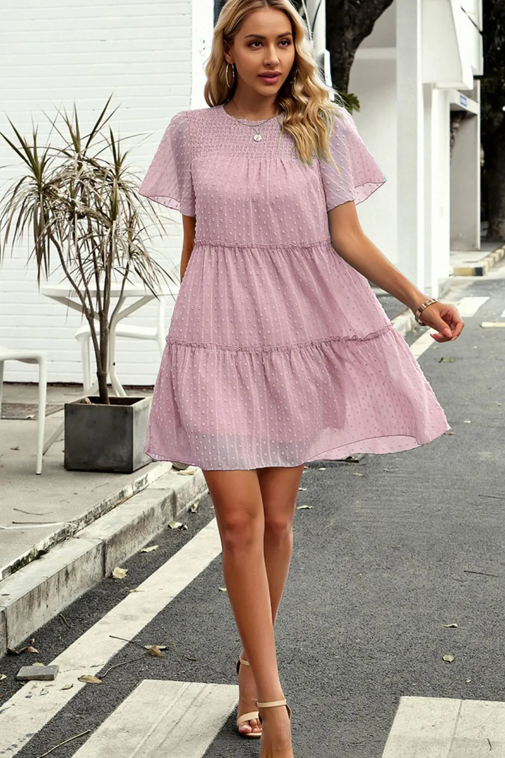 Swiss Dot Smocked Frill Trim Dress