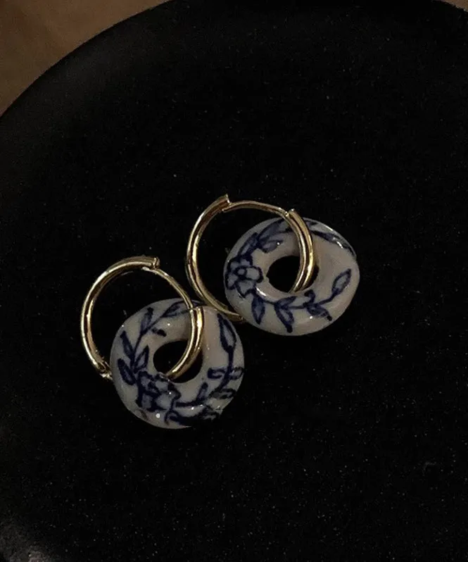 Vintage Gold Copper Overgild Ceramics Floral Hoop Earrings QU047