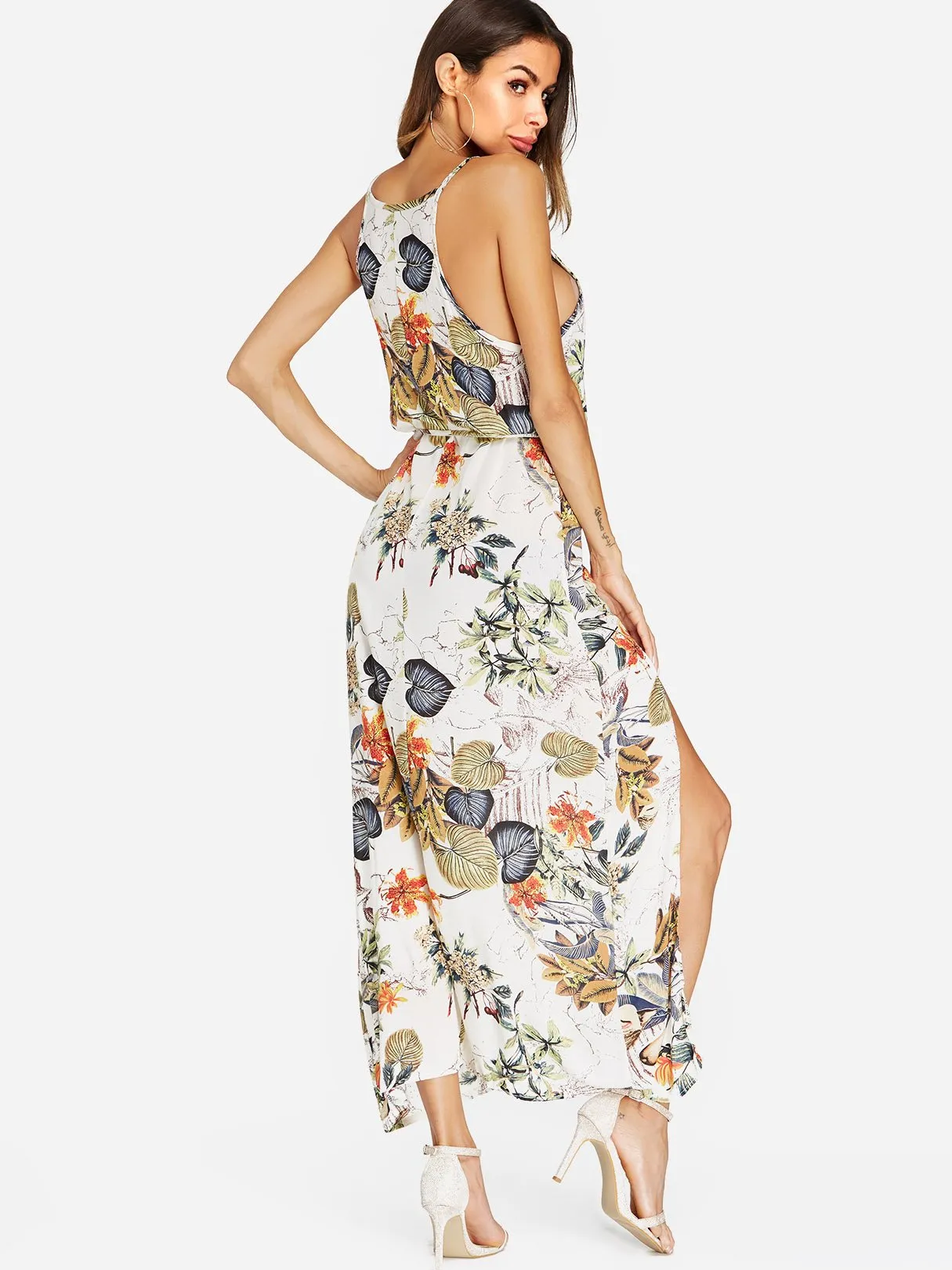 Wholesale Apricot Round Neck Sleeveless Floral Print Spaghetti Strap Belt Slit Hem Dresses