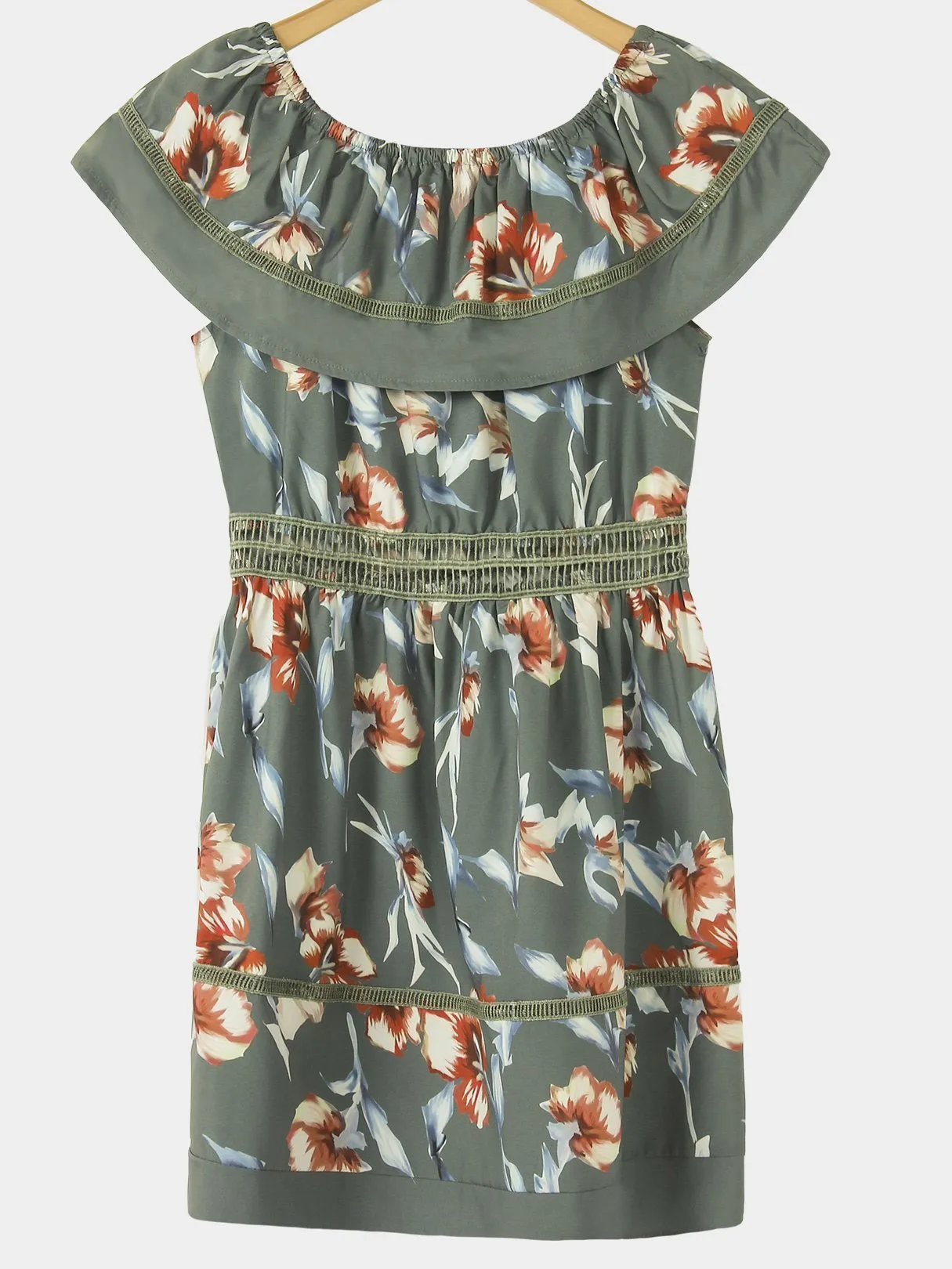 Wholesale Army Green Off The Shoulder Short Sleeve Floral Print Flounced Hem Dresses