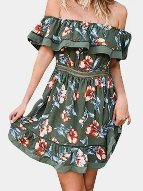 Wholesale Army Green Off The Shoulder Short Sleeve Floral Print Flounced Hem Dresses