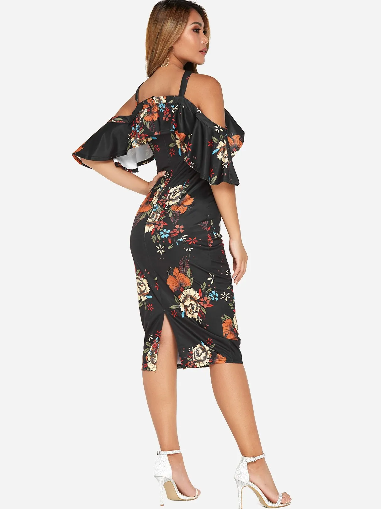 Wholesale Black Half Sleeve Floral Print Slit Hem Dresses