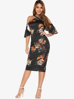 Wholesale Black Half Sleeve Floral Print Slit Hem Dresses