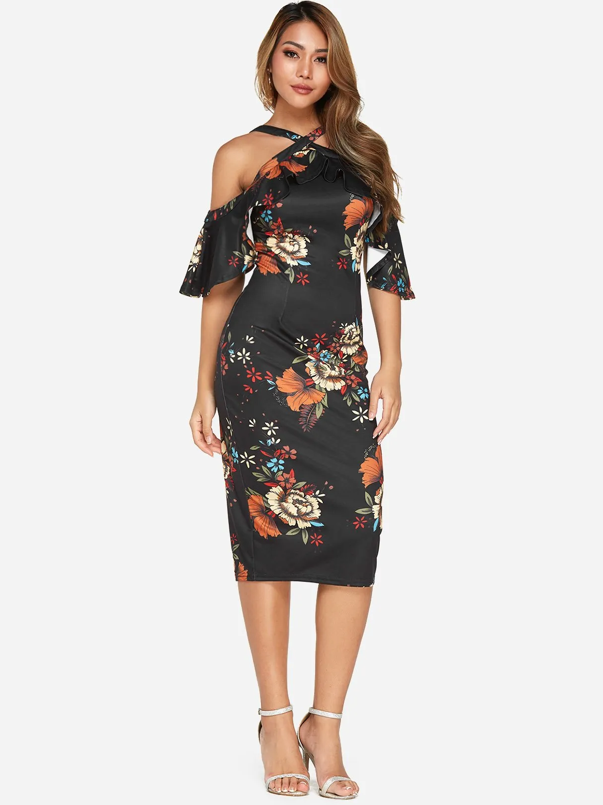 Wholesale Black Half Sleeve Floral Print Slit Hem Dresses