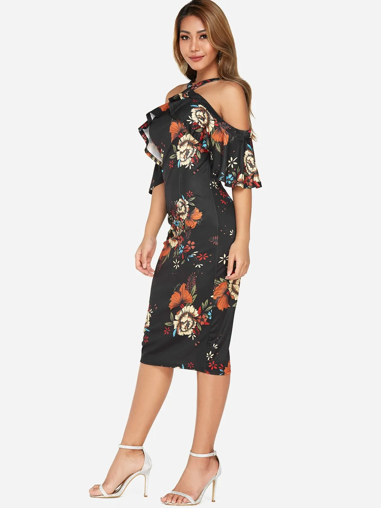 Wholesale Black Half Sleeve Floral Print Slit Hem Dresses