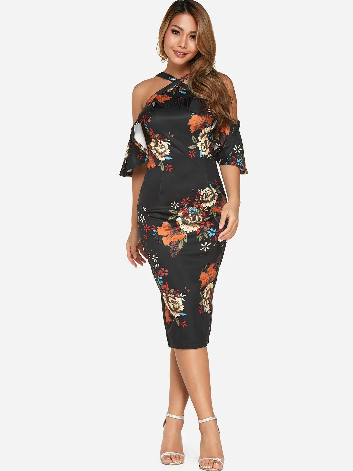 Wholesale Black Half Sleeve Floral Print Slit Hem Dresses