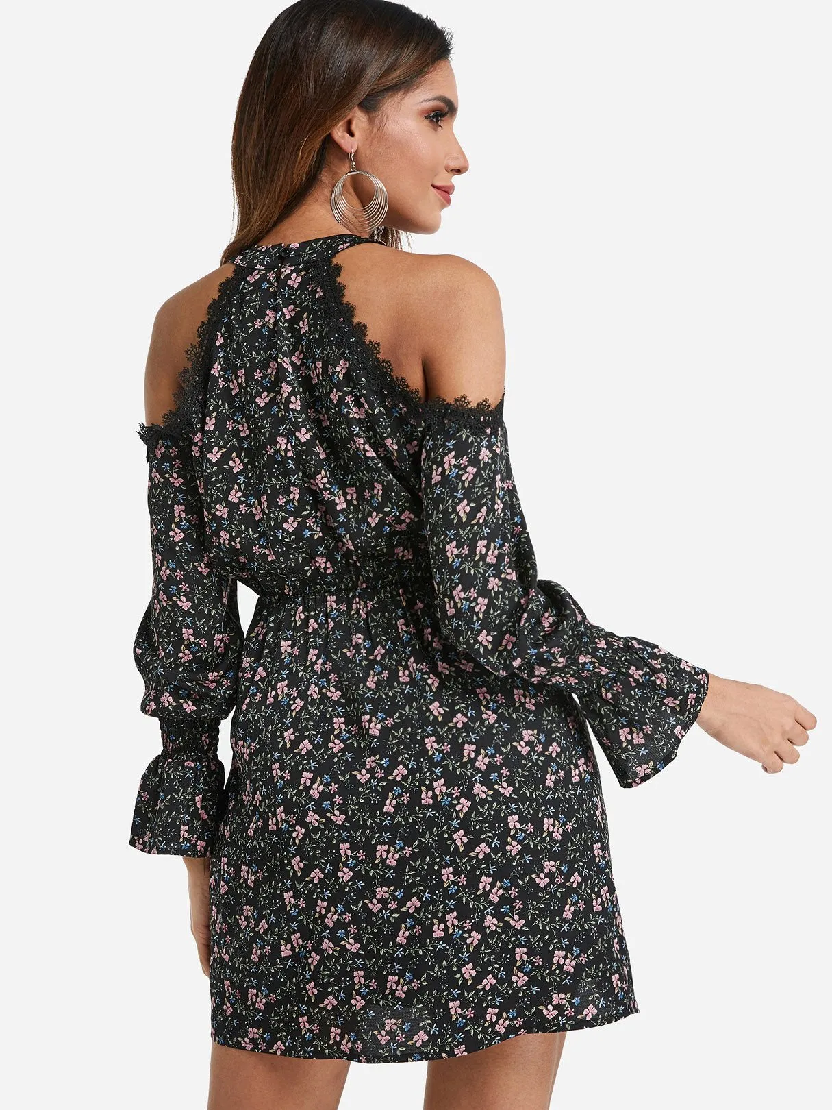 Wholesale Black Halter Cold Shoulder Long Sleeve Floral Print Lace Trim Irregular Hem Dresses