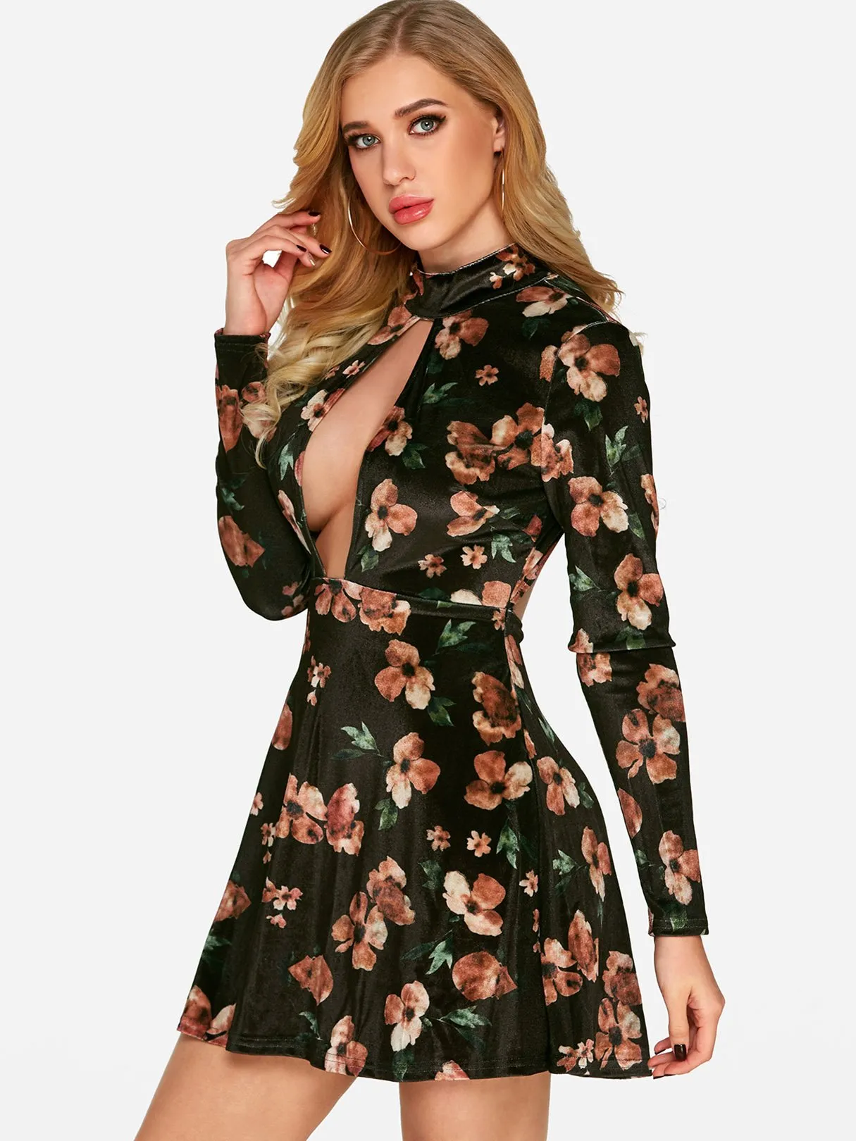 Wholesale Black Long Sleeve Floral Print Zip Back Backless Cut Out Dress