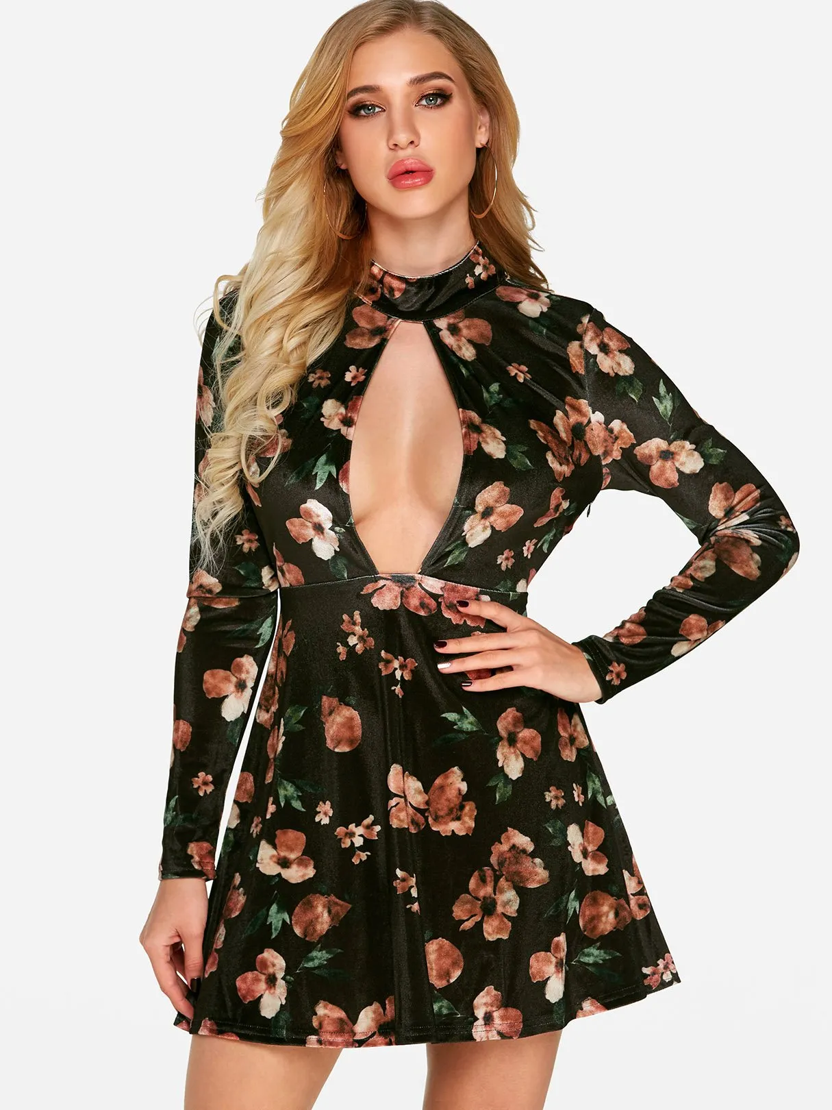 Wholesale Black Long Sleeve Floral Print Zip Back Backless Cut Out Dress